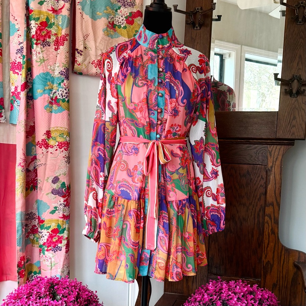 Teal and Coral Paisley Print Baby Doll Dress. Featuring a high collar
